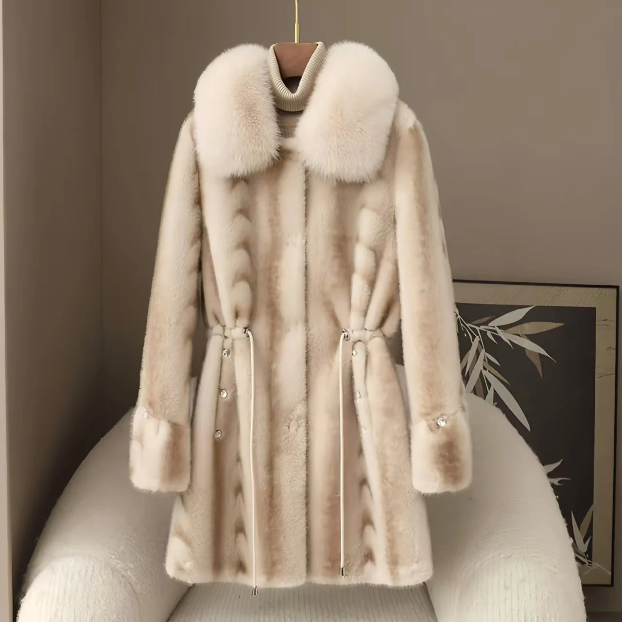 Faux Fur Coat for Women,Covered Button Jacket,Adjustable Waist,High Quality,Turn-down Collar Overcoat,Female Clothes,New,Winter
