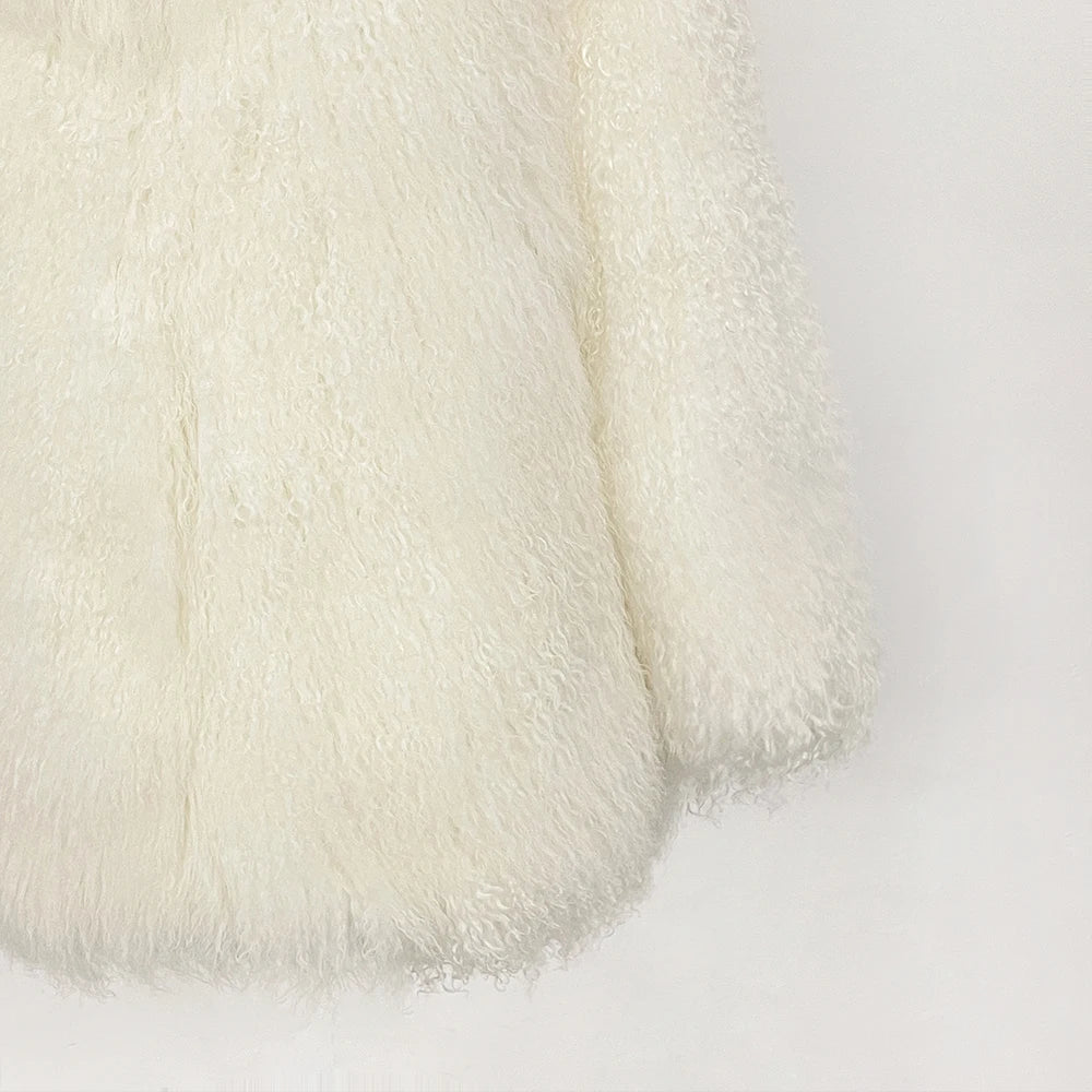 MENINA 2025 Autumn Winter Clothes Women Fashion Warm Mongolian Fur Jacket Mid-length Natural Fur Coat Black Real Fur Overcoat