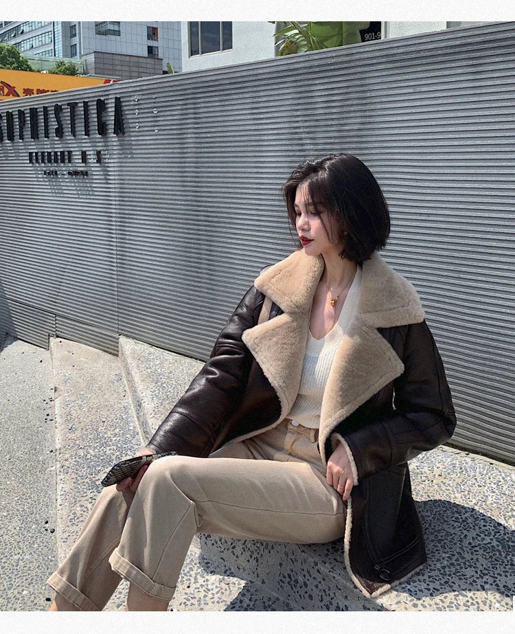 Natural Merino Sheepskin Wool Double Faced Fur Coat Women Motorcycle Leather Jacket Winter Clothes Woman 2024 дубленка женская