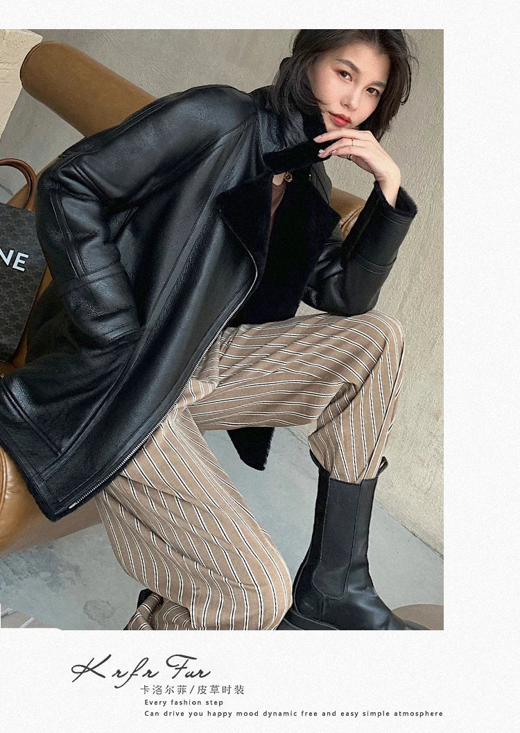 Natural Merino Sheepskin Wool Double Faced Fur Coat Women Motorcycle Leather Jacket Winter Clothes Woman 2024 дубленка женская