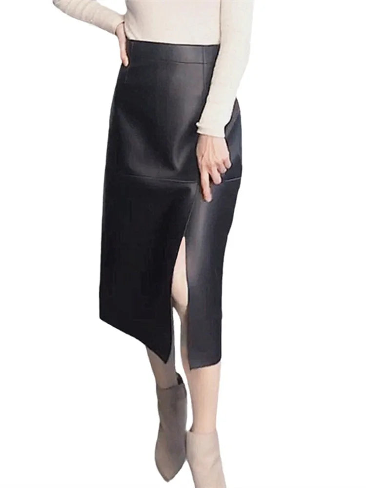 Leather Clothes for Women Streetwear 100% Sheepskin Sexy Split Simple Wrapped Slim Fit Long Jupe Sliver Fuchsia Cute Etek Kadın