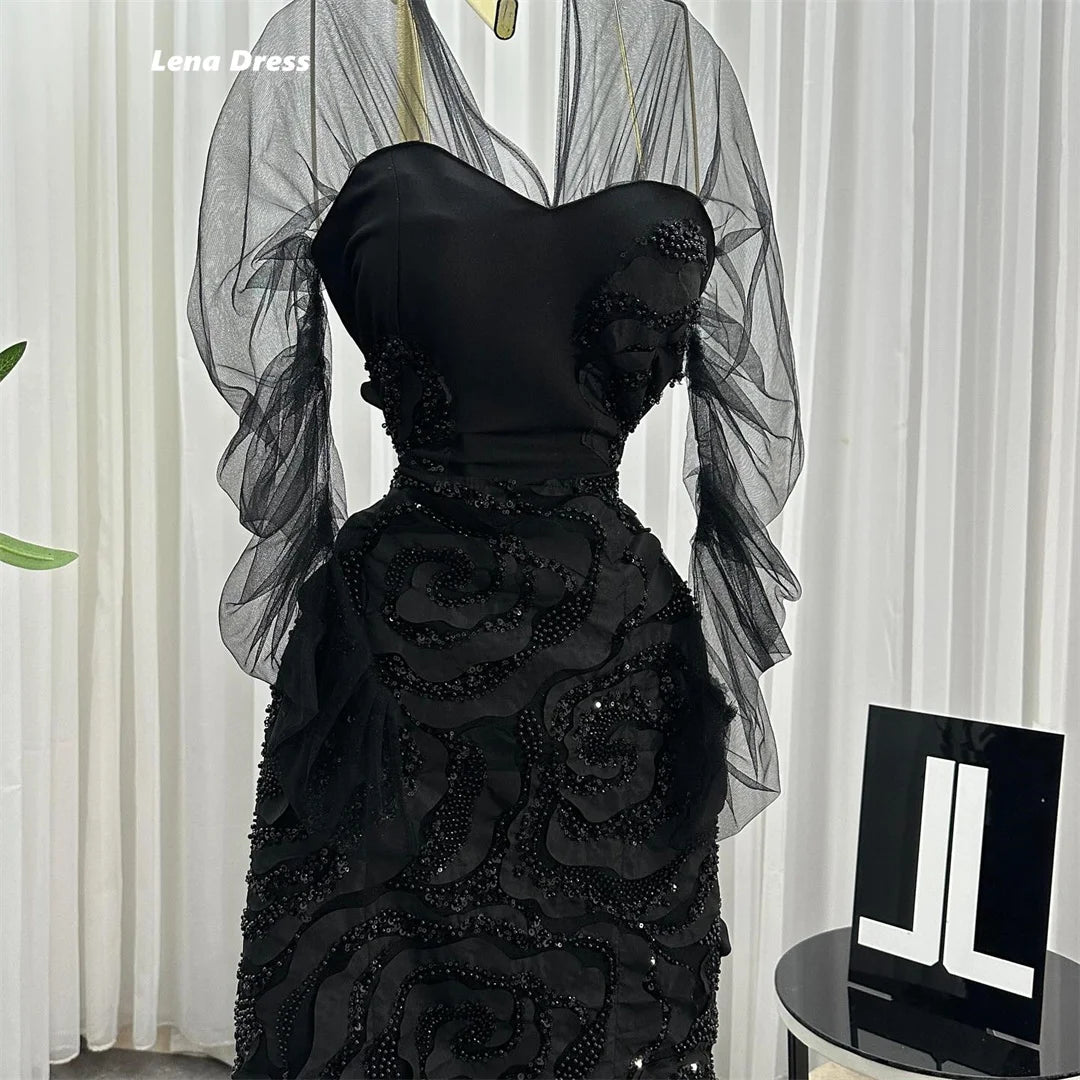 Lena Women Evening Dresses for Special Occasions Black Custom Made Evening Luxury Dress 2025 V-neck Long Sleeves Prom Clothes