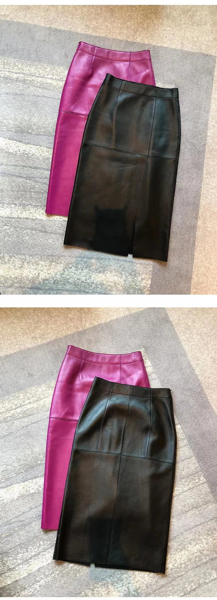 Leather Clothes for Women Streetwear 100% Sheepskin Sexy Split Simple Wrapped Slim Fit Long Jupe Sliver Fuchsia Cute Etek Kadın