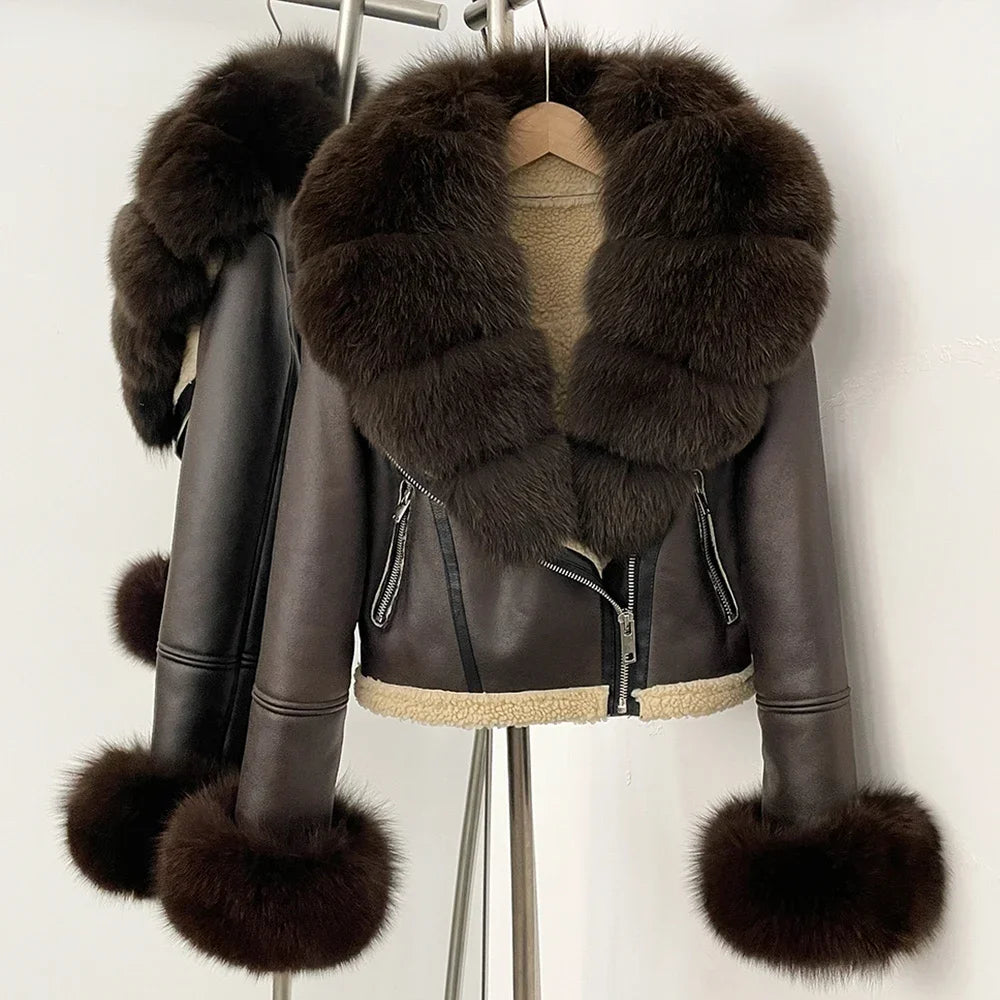 Reality Fur Jacket Winter Real Fur Cuffs Clothes Women Short Faux Leather Fake Fur Inner Jacket Female Thick Warm Fox Fur Coat