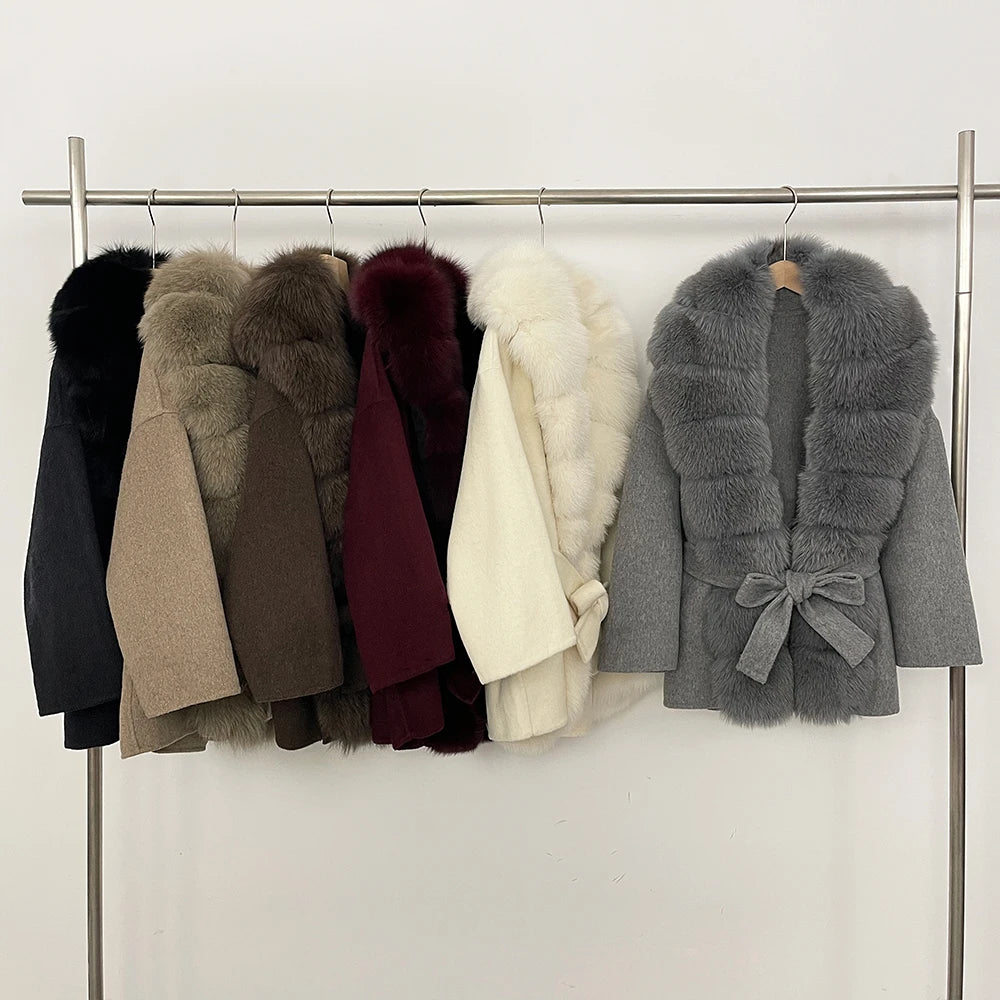 Wool Blend Jacket Female New Fox Fur Coat Autumn Woolen Coat Winter Warm Real Fur Collar Women Warm Clothes for Women wool