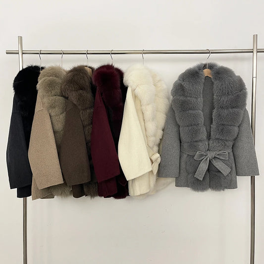 Wool Blend Jacket Female New Fox Fur Coat Autumn Woolen Coat Winter Warm Real Fur Collar Women Warm Clothes for Women wool