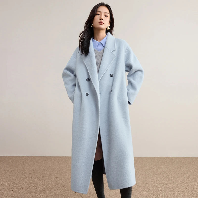 SENTUBILA Women's 100% Wool Long Coat Winter 2025 Classic Elegant Commuter Style Double-Faced Overcoat Ladies Clothes W54OA8780