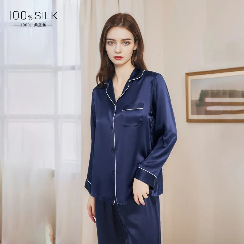 Summer New Real Silk Pajamas Women's Long-sleeved Trousers 100% Mulberry Silk Cool Home Clothes Suit 2 PCS Solid Color Sleepwear