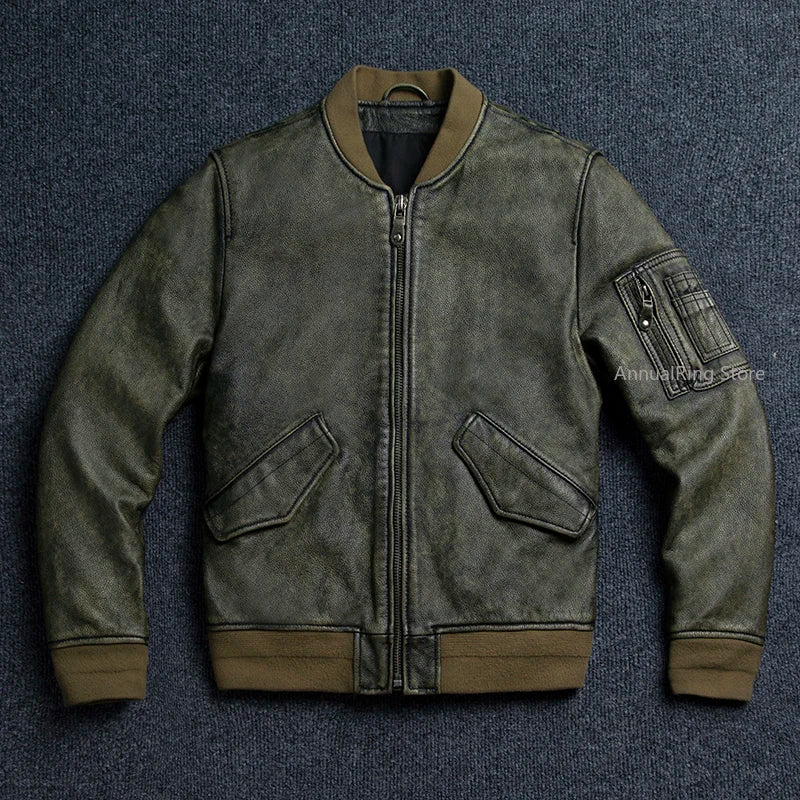 2025 New Retro Men's Leather Jacket Spring Army Green MA1 Flight Suit Natural Cowhide Short Coat Motorcycle Riding Clothes