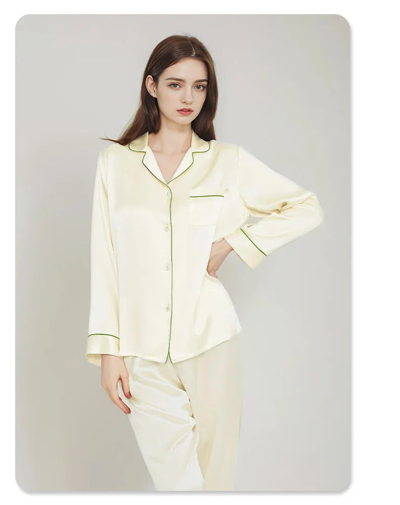 Summer New Real Silk Pajamas Women's Long-sleeved Trousers 100% Mulberry Silk Cool Home Clothes Suit 2 PCS Solid Color Sleepwear