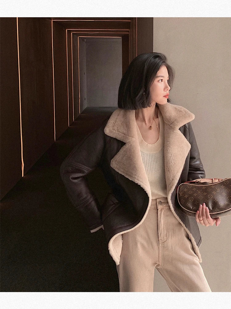 Natural Merino Sheepskin Wool Double Faced Fur Coat Women Motorcycle Leather Jacket Winter Clothes Woman 2024 дубленка женская