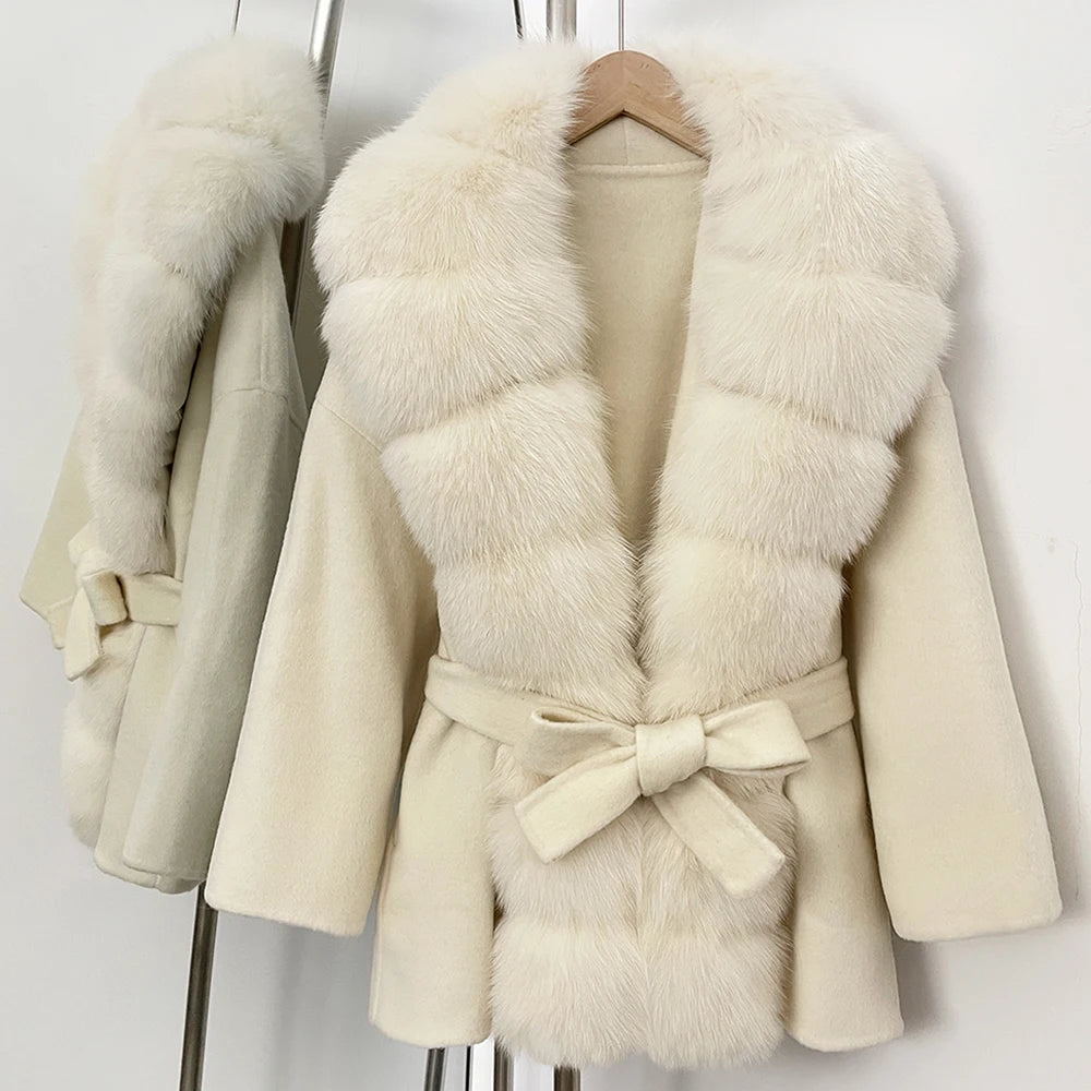 Wool Blend Jacket Female New Fox Fur Coat Autumn Woolen Coat Winter Warm Real Fur Collar Women Warm Clothes for Women wool
