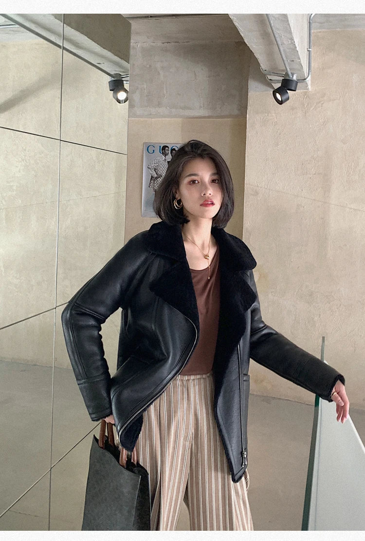 Natural Merino Sheepskin Wool Double Faced Fur Coat Women Motorcycle Leather Jacket Winter Clothes Woman 2024 дубленка женская