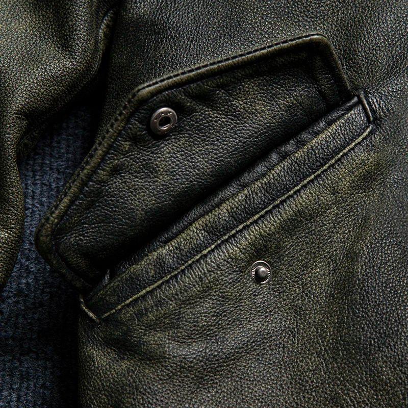 2025 New Retro Men's Leather Jacket Spring Army Green MA1 Flight Suit Natural Cowhide Short Coat Motorcycle Riding Clothes