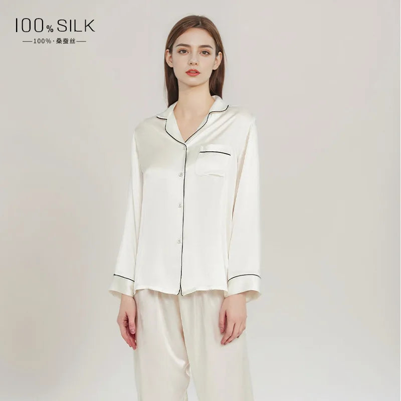 Summer New Real Silk Pajamas Women's Long-sleeved Trousers 100% Mulberry Silk Cool Home Clothes Suit 2 PCS Solid Color Sleepwear
