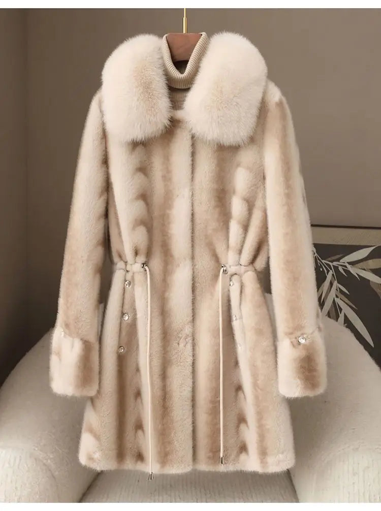 Faux Fur Coat for Women,Covered Button Jacket,Adjustable Waist,High Quality,Turn-down Collar Overcoat,Female Clothes,New,Winter