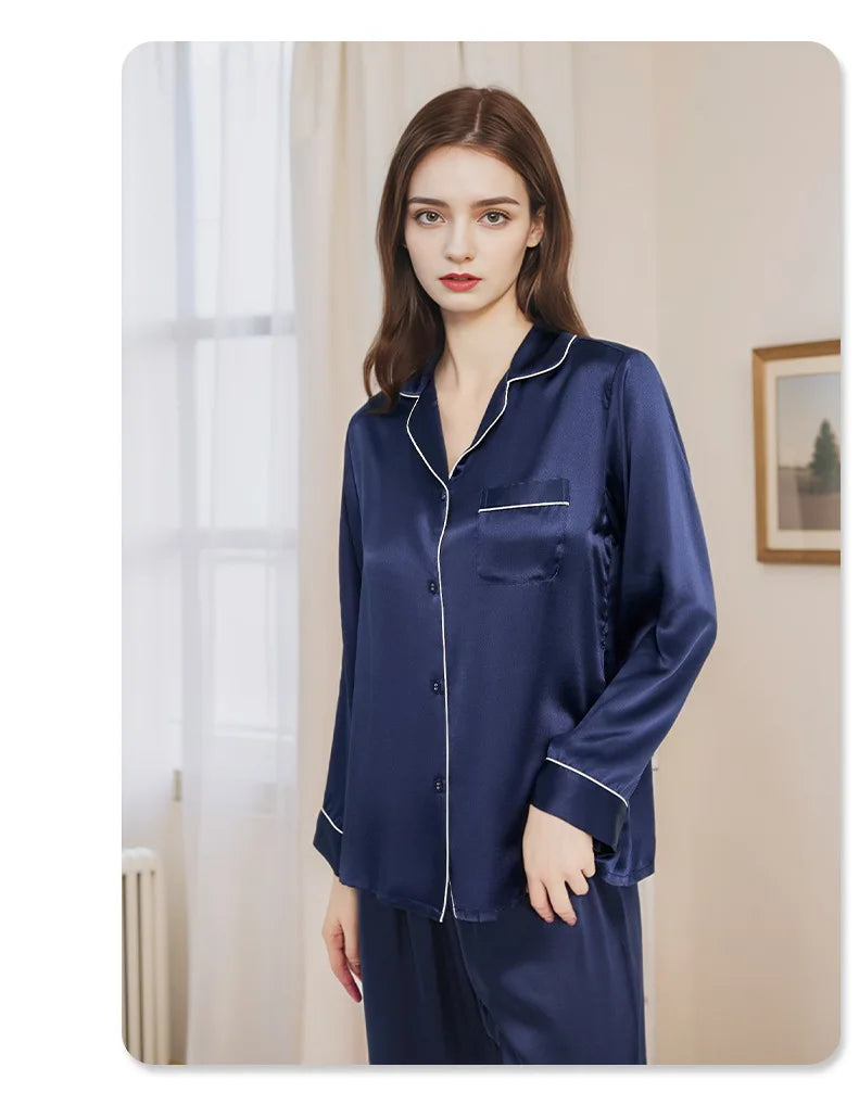 Summer New Real Silk Pajamas Women's Long-sleeved Trousers 100% Mulberry Silk Cool Home Clothes Suit 2 PCS Solid Color Sleepwear