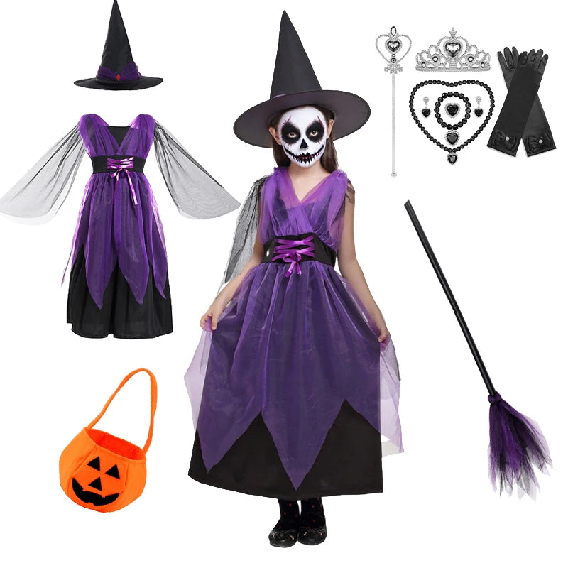 6 Styles Girls Halloween Witch Costume Kids Cosplay Bat Ghost Bride Little Red Riding Hood Dress Kids Carnival Party Clothes