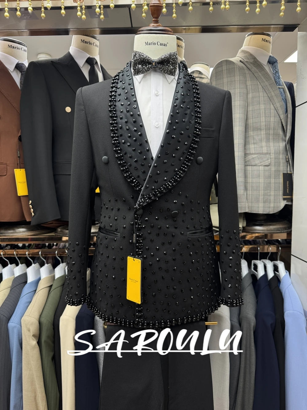 Black Beaded Tuxedo for Men – 2-Piece Shawl Lapel Suit with Matching Pants, Fast Shipping