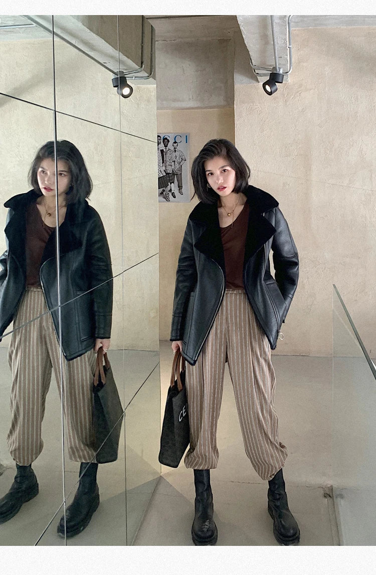 Natural Merino Sheepskin Wool Double Faced Fur Coat Women Motorcycle Leather Jacket Winter Clothes Woman 2024 дубленка женская