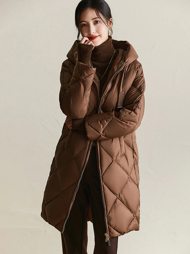 Winter New Puffer Coats Jackets for Women Simple Solid Quilted Hooded Outerwears Thick Loose Warm Mid-length Women's Down Jacket