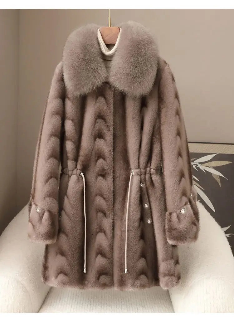 Faux Fur Coat for Women,Covered Button Jacket,Adjustable Waist,High Quality,Turn-down Collar Overcoat,Female Clothes,New,Winter
