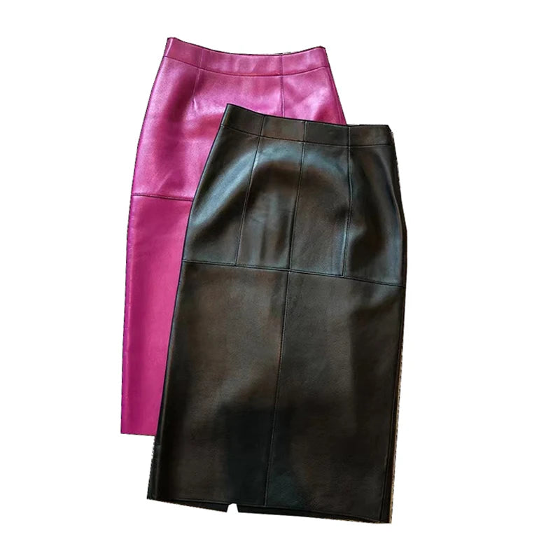 Leather Clothes for Women Streetwear 100% Sheepskin Sexy Split Simple Wrapped Slim Fit Long Jupe Sliver Fuchsia Cute Etek Kadın