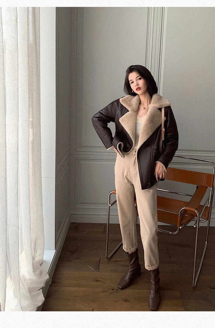 Natural Merino Sheepskin Wool Double Faced Fur Coat Women Motorcycle Leather Jacket Winter Clothes Woman 2024 дубленка женская