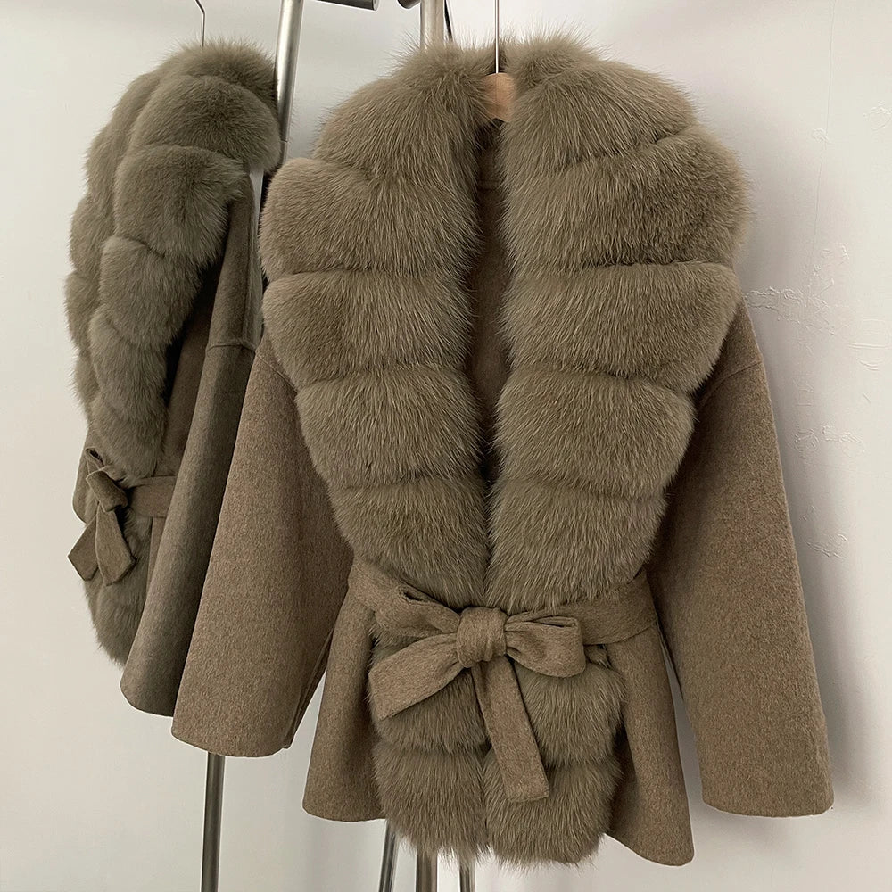 Wool Blend Jacket Female New Fox Fur Coat Autumn Woolen Coat Winter Warm Real Fur Collar Women Warm Clothes for Women wool