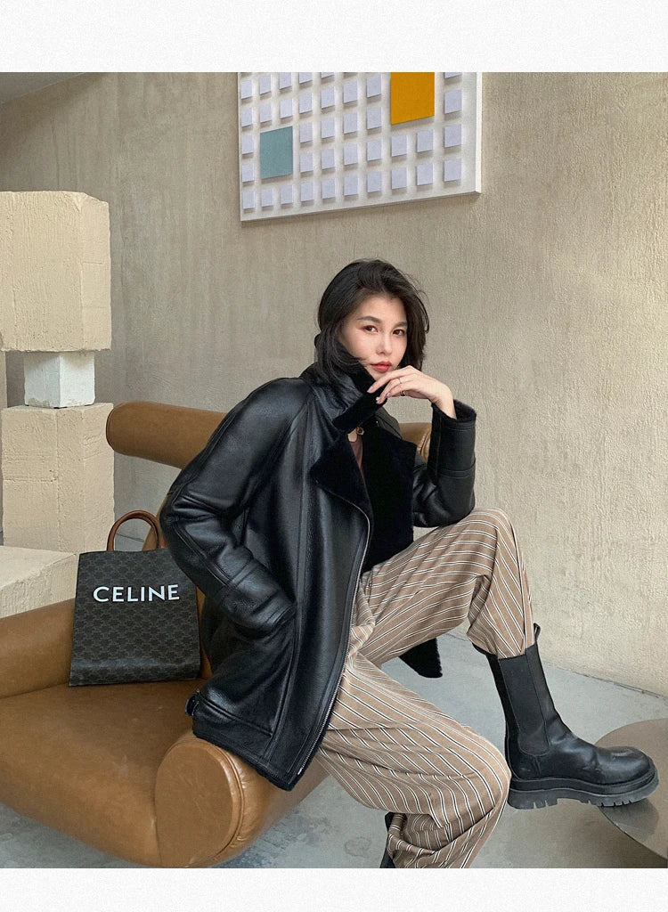 Natural Merino Sheepskin Wool Double Faced Fur Coat Women Motorcycle Leather Jacket Winter Clothes Woman 2024 дубленка женская