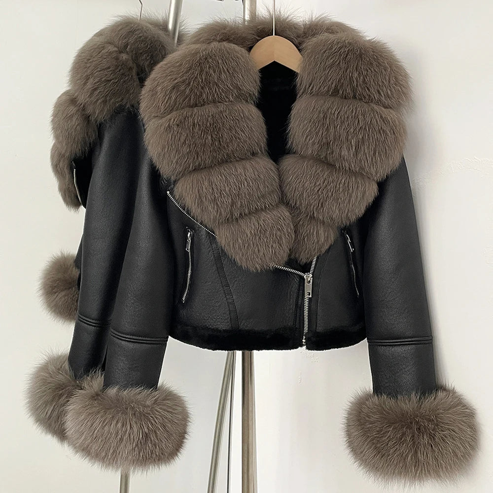 Reality Fur Jacket Winter Real Fur Cuffs Clothes Women Short Faux Leather Fake Fur Inner Jacket Female Thick Warm Fox Fur Coat