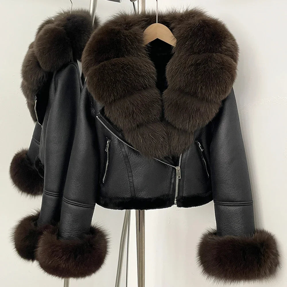 Reality Fur Jacket Winter Real Fur Cuffs Clothes Women Short Faux Leather Fake Fur Inner Jacket Female Thick Warm Fox Fur Coat