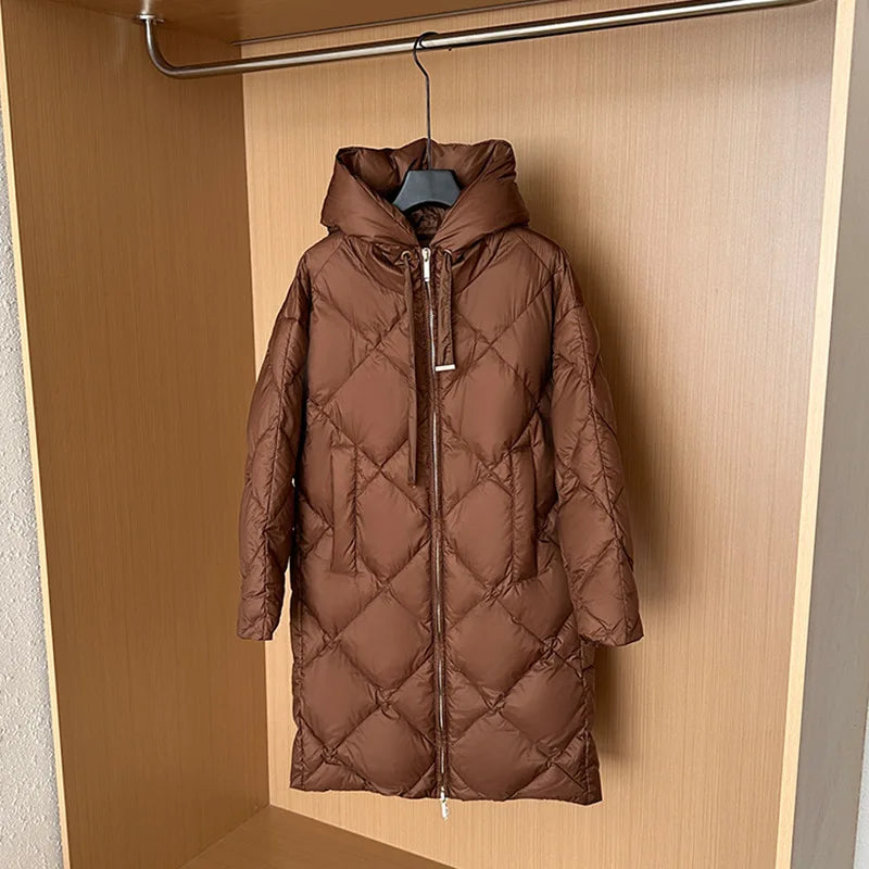 Winter New Puffer Coats Jackets for Women Simple Solid Quilted Hooded Outerwears Thick Loose Warm Mid-length Women's Down Jacket