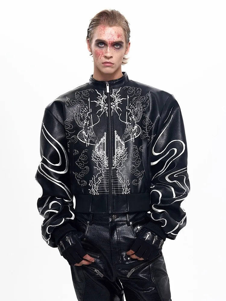 Mauroicardi Autumn Short Colorful Embroidery Pu Leather Racer Jacket Men Zipper Luxury Designer Emo Punk Style Clothes 2025