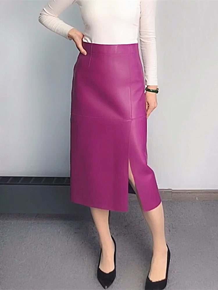 Leather Clothes for Women Streetwear 100% Sheepskin Sexy Split Simple Wrapped Slim Fit Long Jupe Sliver Fuchsia Cute Etek Kadın