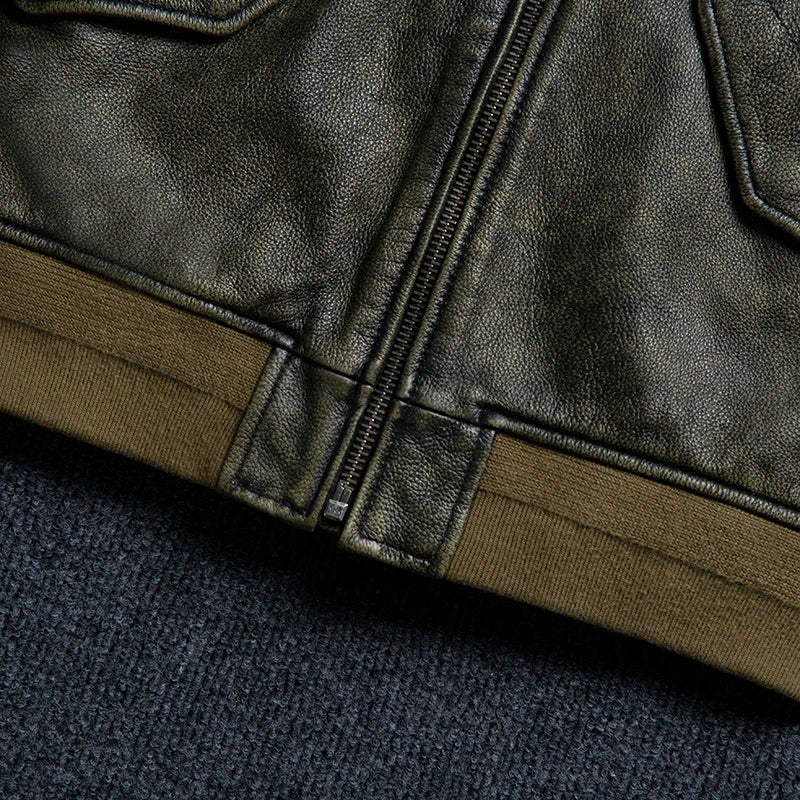 2025 New Retro Men's Leather Jacket Spring Army Green MA1 Flight Suit Natural Cowhide Short Coat Motorcycle Riding Clothes