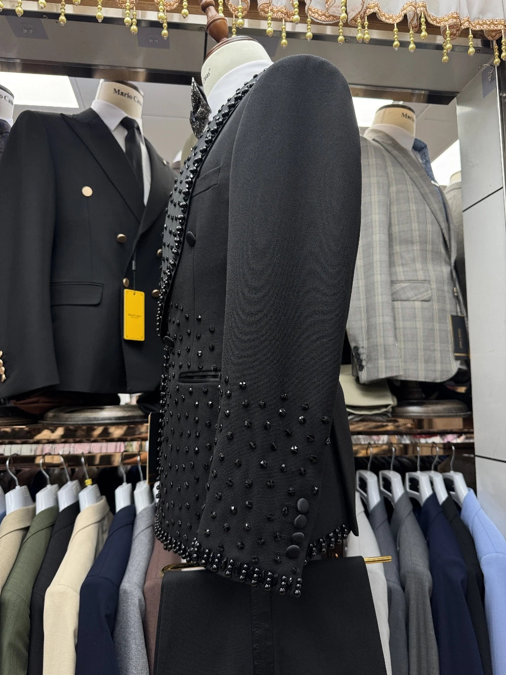 Black Beaded Tuxedo for Men – 2-Piece Shawl Lapel Suit with Matching Pants, Fast Shipping