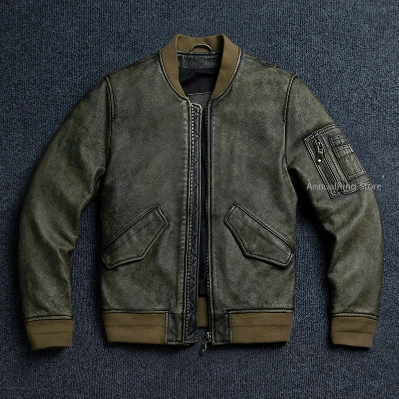 2025 New Retro Men's Leather Jacket Spring Army Green MA1 Flight Suit Natural Cowhide Short Coat Motorcycle Riding Clothes