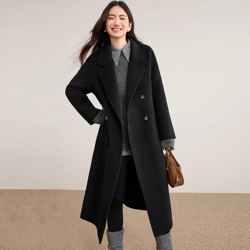SENTUBILA Women's 100% Wool Long Coat Winter 2025 Classic Elegant Commuter Style Double-Faced Overcoat Ladies Clothes W54OA8780