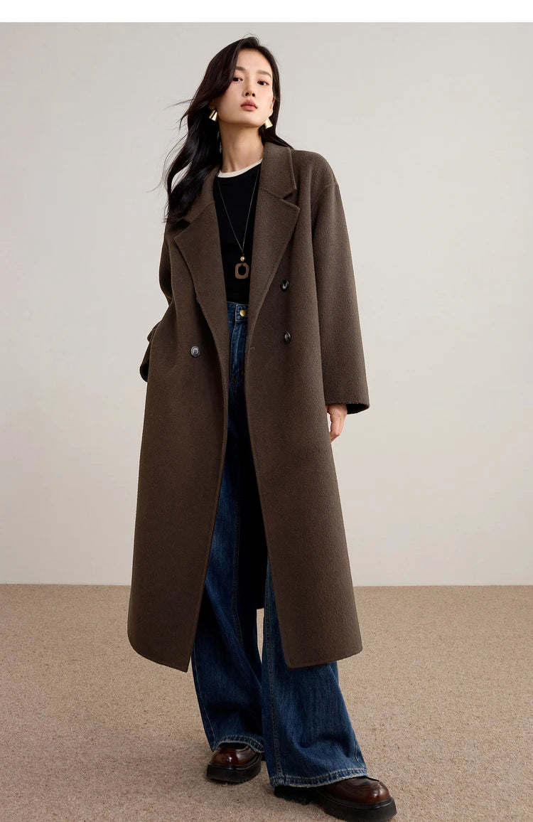SENTUBILA Women's 100% Wool Long Coat Winter 2025 Classic Elegant Commuter Style Double-Faced Overcoat Ladies Clothes W54OA8780