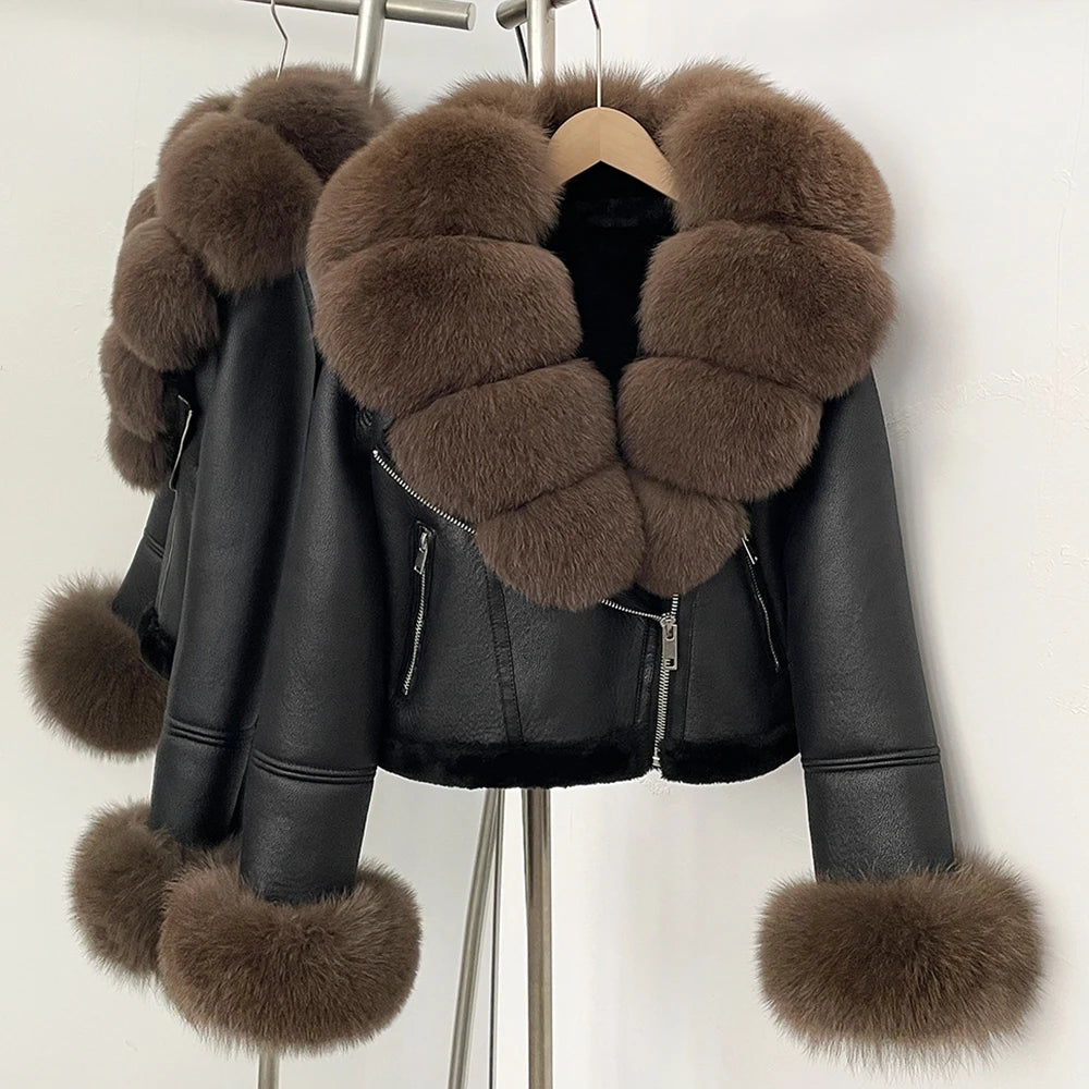 Reality Fur Jacket Winter Real Fur Cuffs Clothes Women Short Faux Leather Fake Fur Inner Jacket Female Thick Warm Fox Fur Coat