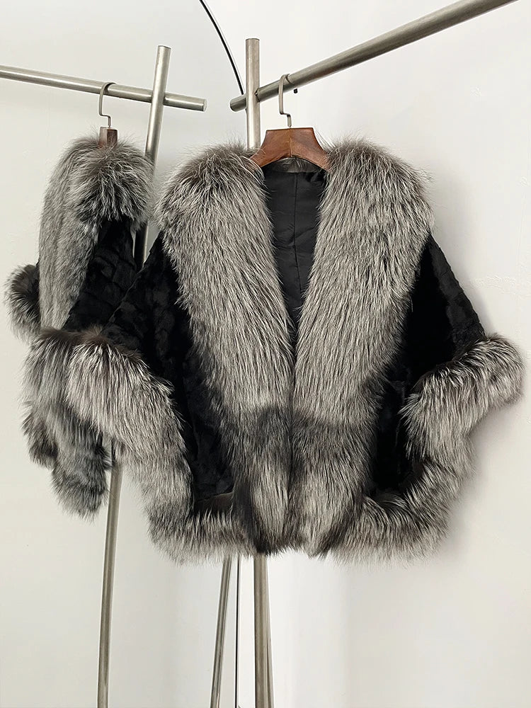 OFTBUY New Winter Thickened Warm Clothes Women Natural Mink Fur Cape Coat Female Real Fox Fur Sleeveless Shawl Jacket Outerwear