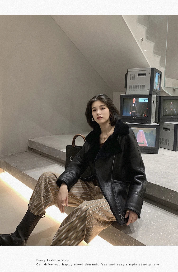 Natural Merino Sheepskin Wool Double Faced Fur Coat Women Motorcycle Leather Jacket Winter Clothes Woman 2024 дубленка женская