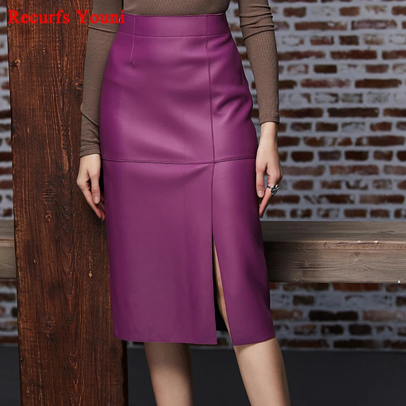 Leather Clothes for Women Streetwear 100% Sheepskin Sexy Split Simple Wrapped Slim Fit Long Jupe Sliver Fuchsia Cute Etek Kadın
