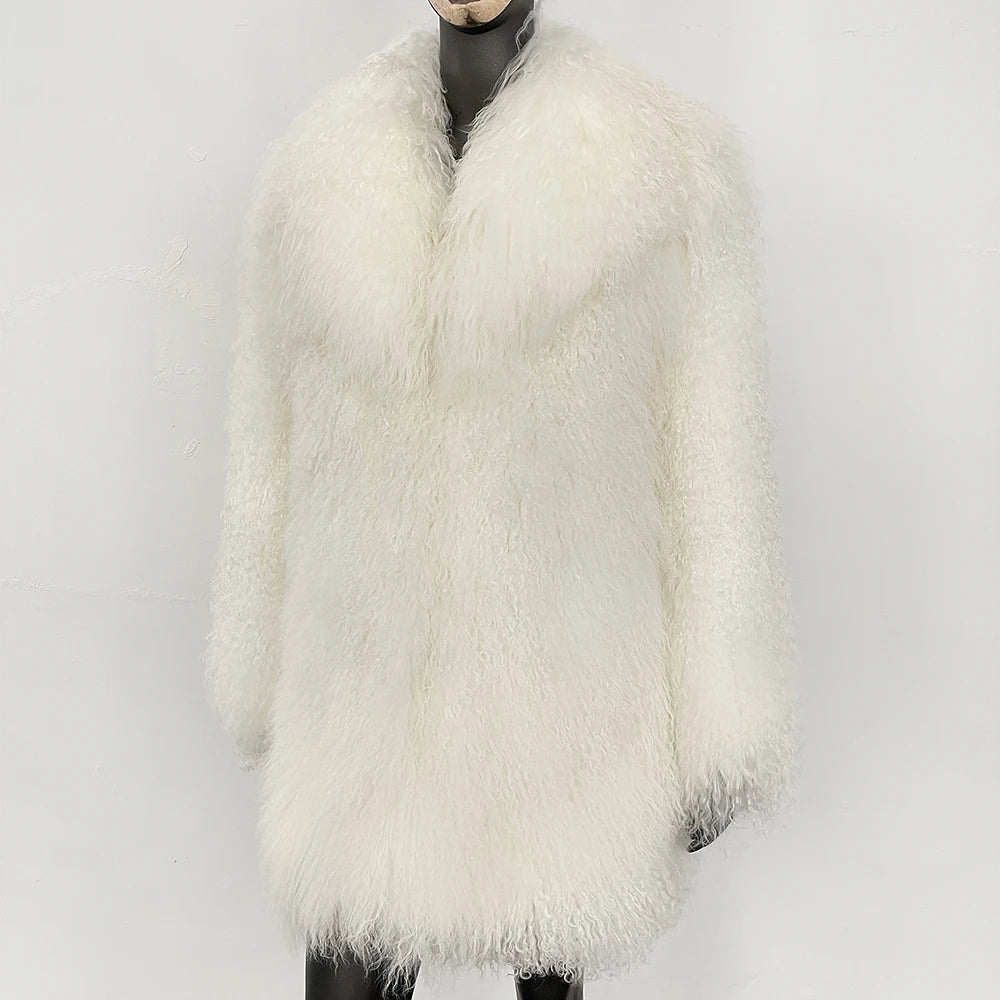 MENINA 2025 Autumn Winter Clothes Women Fashion Warm Mongolian Fur Jacket Mid-length Natural Fur Coat Black Real Fur Overcoat