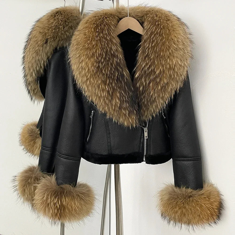 Fox Fur Coat Winter Warm Real Fur Cuffs Clothes Women Short Faux Leather Fake Fur Inner Jacket Thick Reality Fur Jacket Female