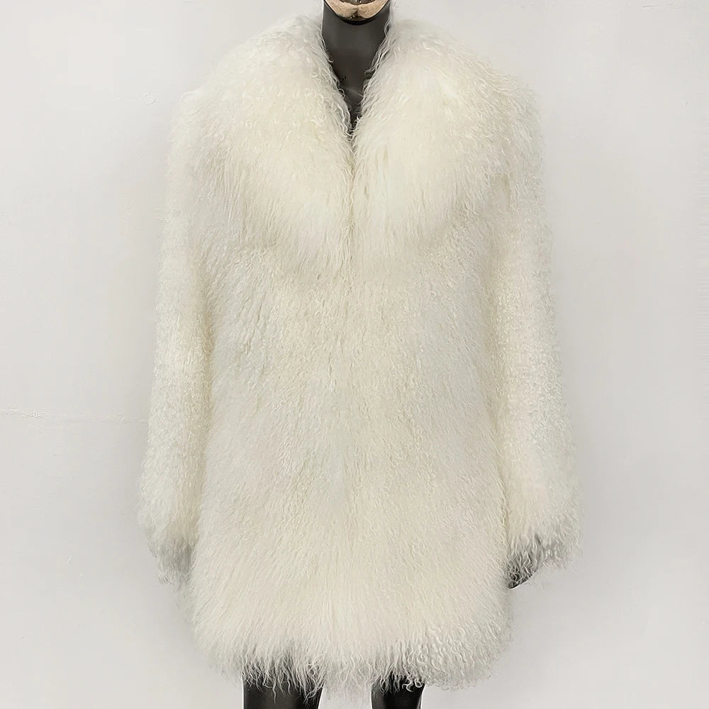 MENINA 2025 Autumn Winter Clothes Women Fashion Warm Mongolian Fur Jacket Mid-length Natural Fur Coat Black Real Fur Overcoat