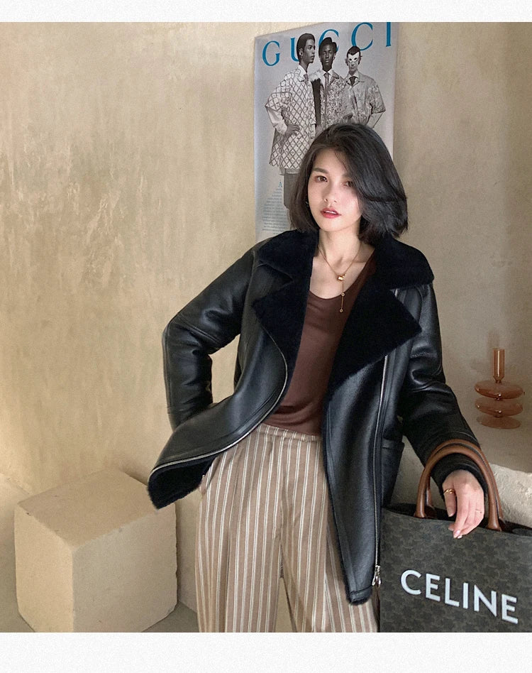 Natural Merino Sheepskin Wool Double Faced Fur Coat Women Motorcycle Leather Jacket Winter Clothes Woman 2024 дубленка женская