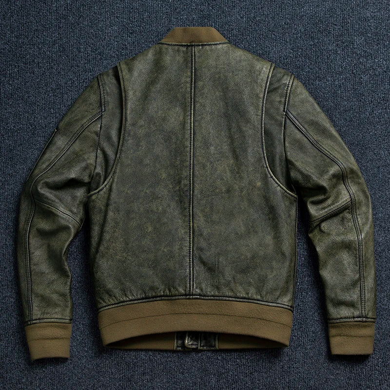 2025 New Retro Men's Leather Jacket Spring Army Green MA1 Flight Suit Natural Cowhide Short Coat Motorcycle Riding Clothes