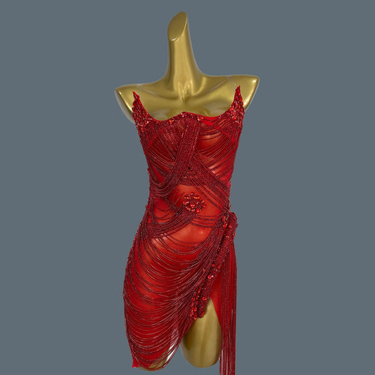 Bling Crystal Chain Diamonds Dress for Women Elastic Sexy Tassel Mini Dress Nightclub Show Wear Birthday Prom Dress Tassel Luoli